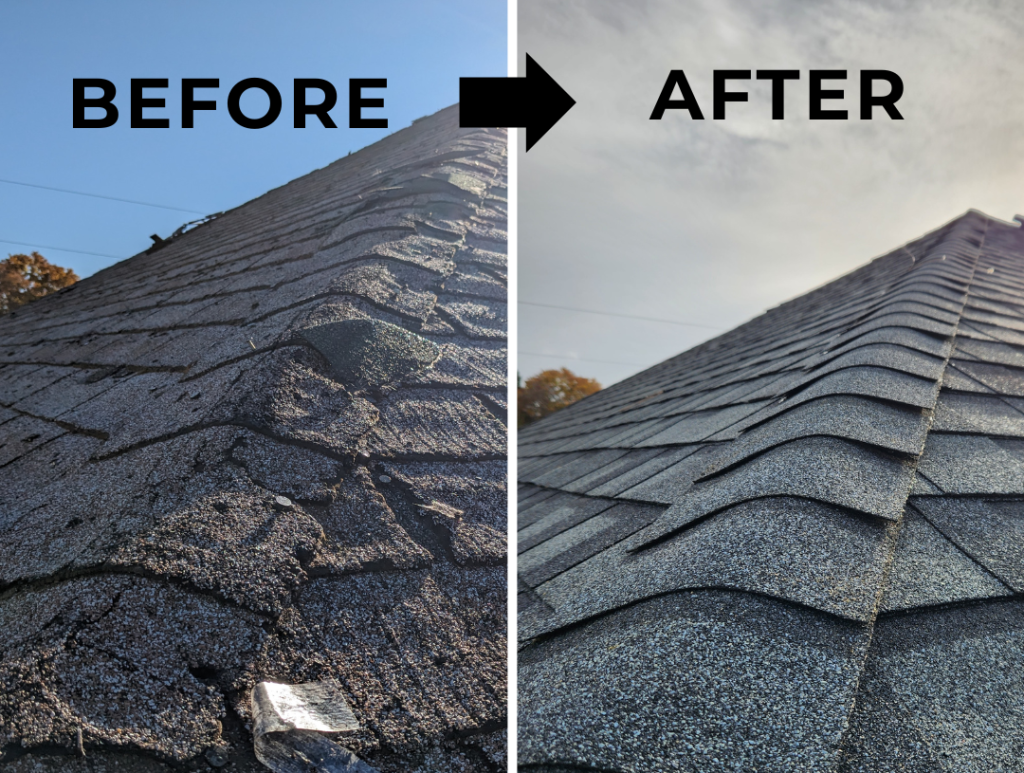 before picture of a domaged roof compared to a quality replaced version of the same roof done by RC Roofing Specialists